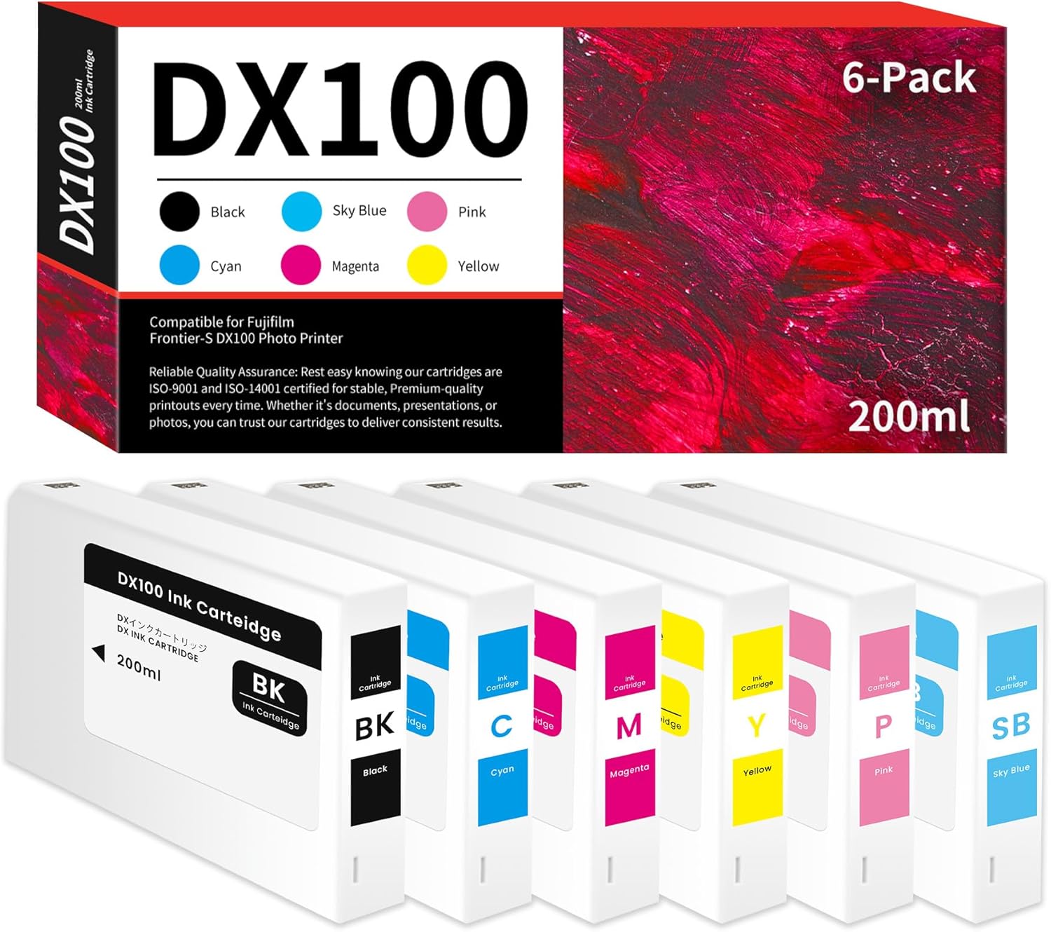 RumbaRex DX100 Ink Cartridges 200ml Set Replacement for Fujifilm DX VIVIDIA Ink Cartridge for Frontier-S DX100 Printer DX-100 Ink 6-Pack (Black Cyan Magenta Yellow Pink SkyBlue)