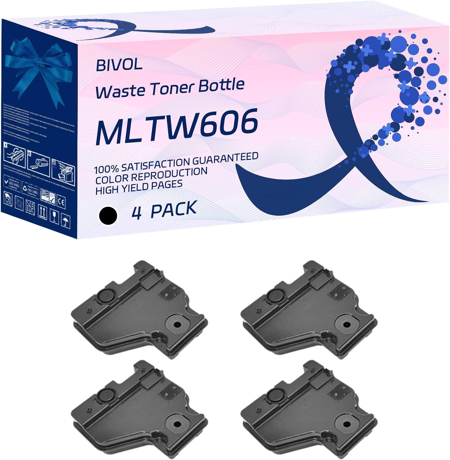 BIVOL MLTW606 Waste Toner Bottle Compatible for Samsung Multixpress 8030 ND 8040 ND Printers, with Chip, High Yield 300000 Pages, Vivid Colors (4 Pack Black)