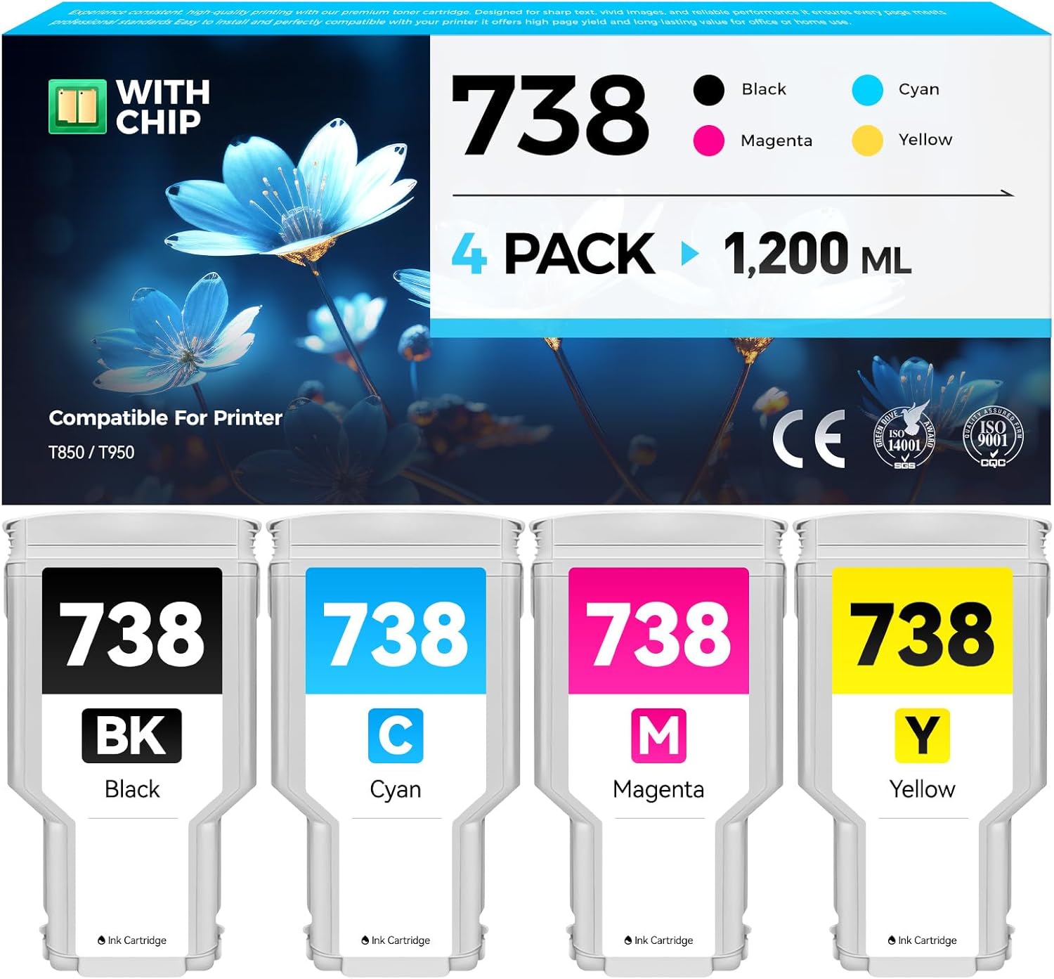 738 Ink Cartridges set 4-Pack 300-ml High Yield with Chip Replacement for HP 738 498N8A 676M6A 676M7A 676M8A Compatible with HP DesignJet T850 T950 Wide Format Color Printer Black Cyan Yellow Magenta