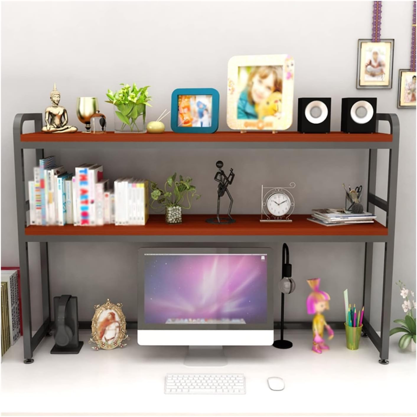 CLoxks Bookcase Bookshelf 2 Tier Desktop Bookshelf Wood and Metal Bookcase, Large Size Storage Shelf for Living Room, Office and Kitchen (L45.2 XW 9.8xH 35.4 Inch) Bookshelf Organizer