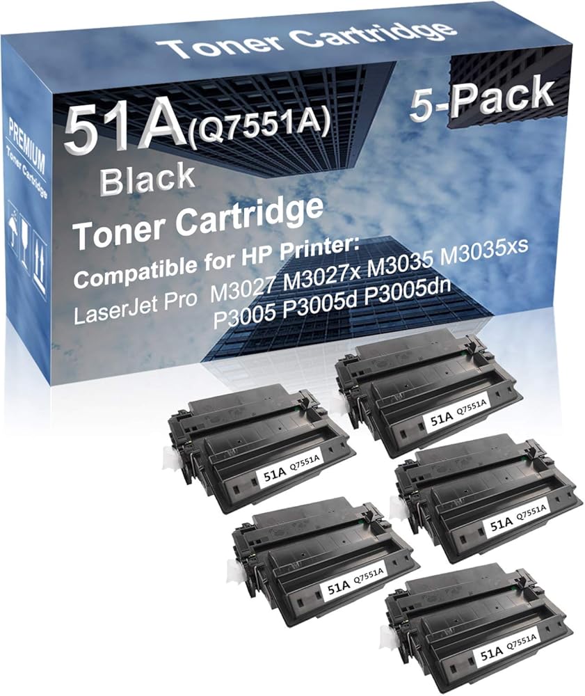 5-Pack Compatible High Yield M3035xs P3005 Printer Cartridge Replacement for (Q7551A) 51A Toner Cartridge (Black)
