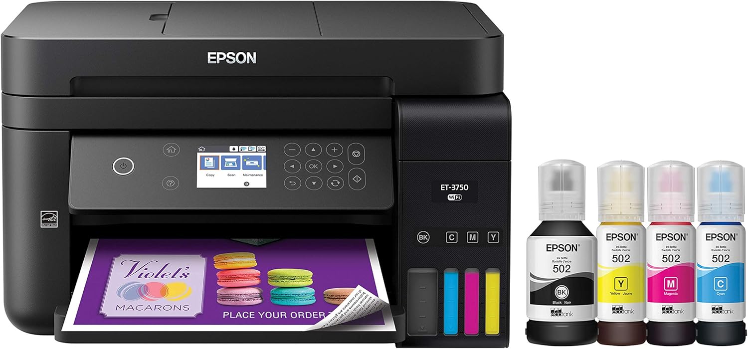 Epson WorkForce ET-3750 EcoTank Wireless Color All-in-One Supertank Printer with Scanner, Copier and Ethernet