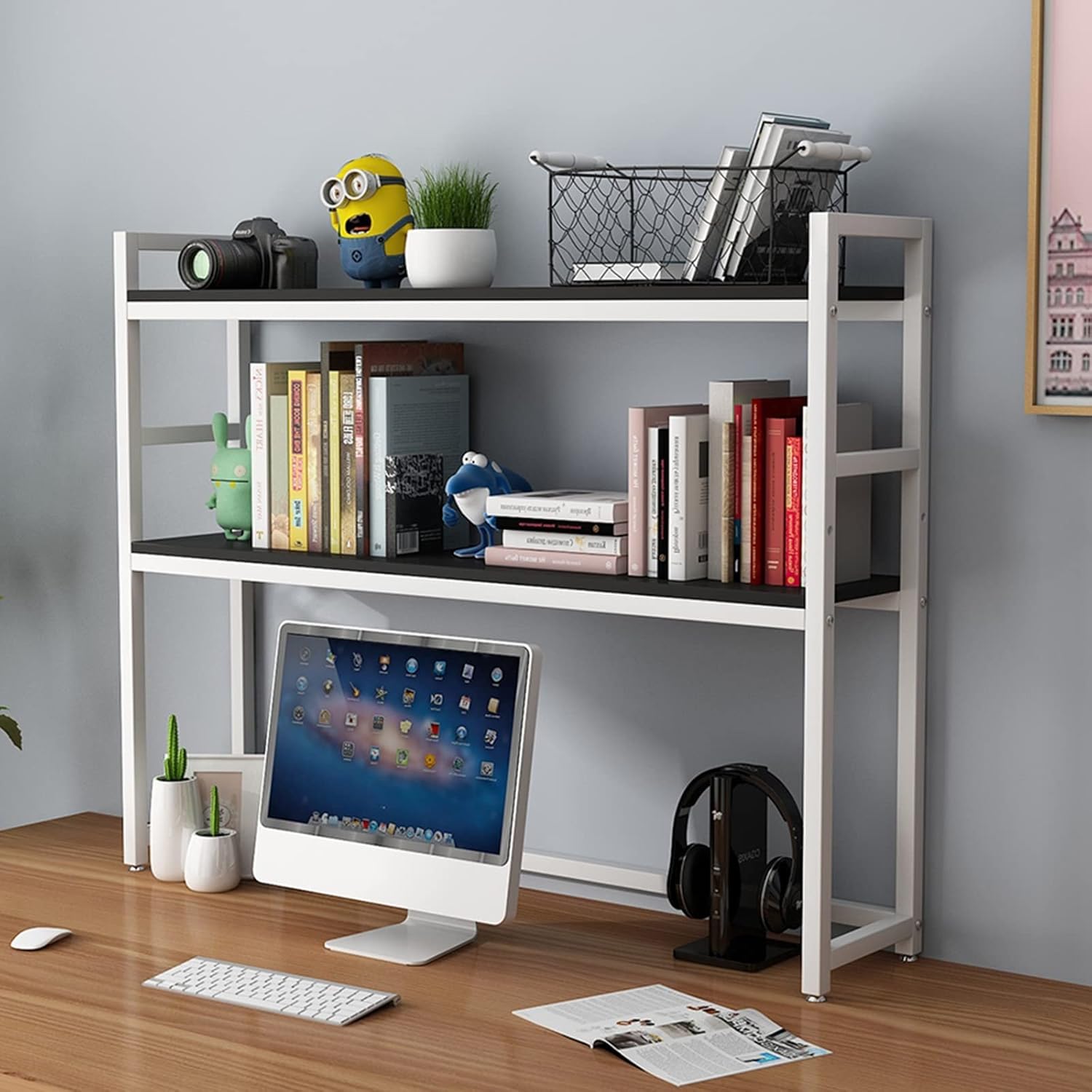 EXCEI 2tier Desktop Bookshelf for Computer Desk - Adjustable Countertop Hutch Bookshelf, Steel Frame Ladder Countertop Hutch Bookcase Organizer Shelf, Home Office Storage Display Rack