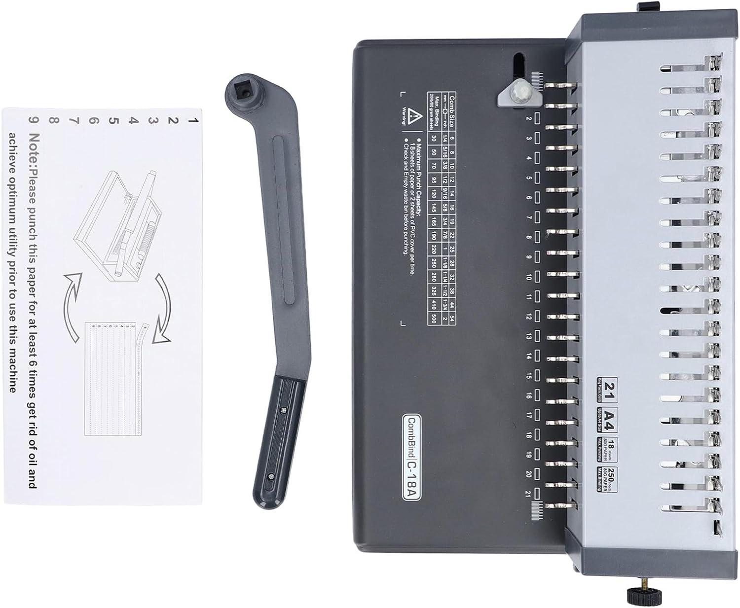 Comb Binding Machine Heavy Duty 21 Hole Book Binder with Handle for A4 A5 Letter Size Paper 250 Sheets Binding Capacity 18 Sheets Punching Power for Office School Use