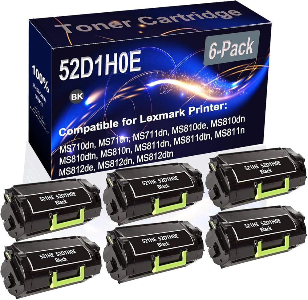 Kolasels 6-Pack (Black) Compatible High Yield 521HE 52D1H0E Printer Cartridge use for MS710dn MS710n MS711dn MS810de MS810dn MS810dtn Printer