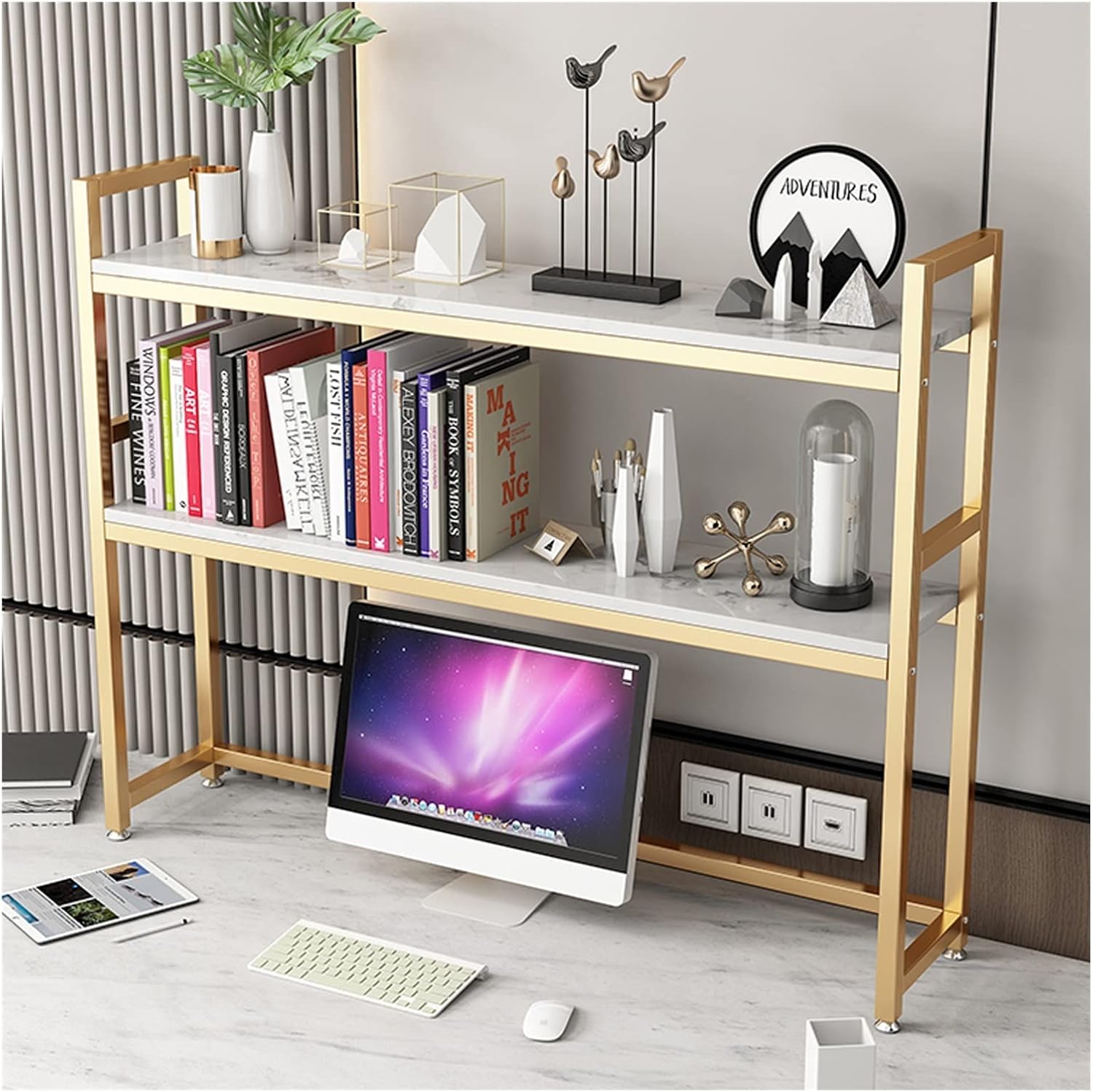 KIZQYN Bookcase Desktop Storage Organizer Shelves Bookshelf for Home and Office Space Organizer Storage Shelf，legant Marble Laminate, Gold Metal Frame，3 Tiers Space Bookshelf (Size : 115cmx24cmx83cm)