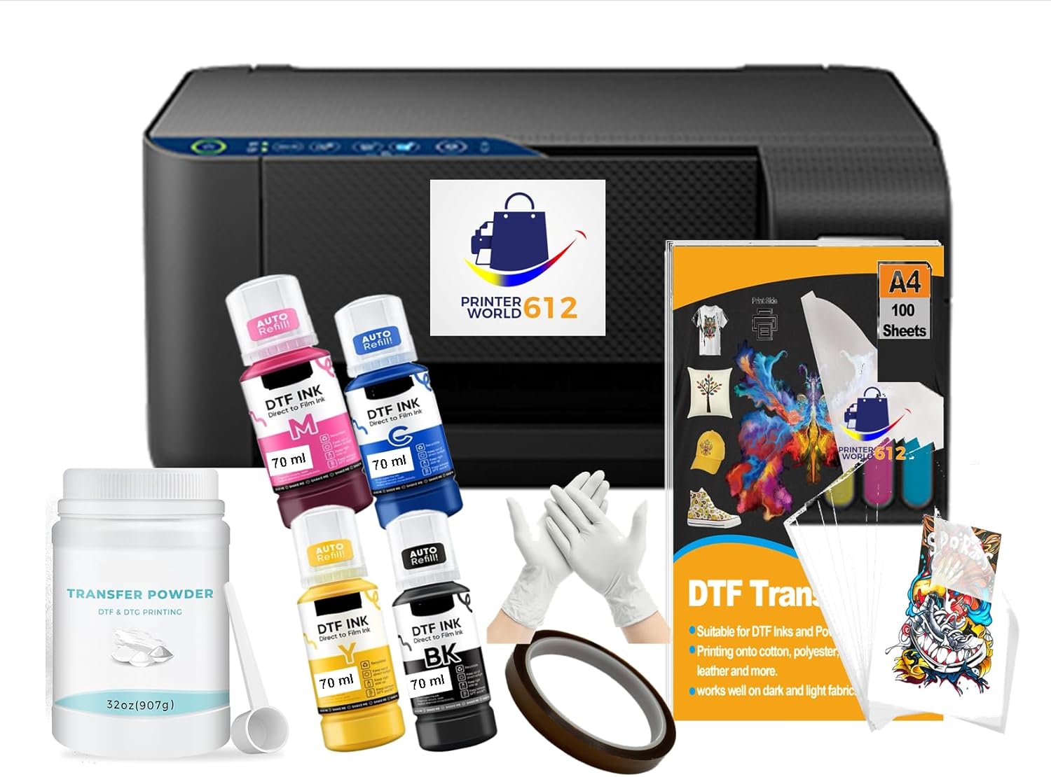 Cartridge-Free Super-Tank Printer with DTF Ink Bundle for Heat Transfers, Easy Fill, Built-in Scanner & Copier - DTF Conversion Printer New, Medium, Conversion