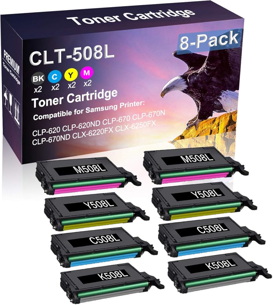 8 Pack (2BK+2C+2Y+2M) Compatible High Yield CLT-508L CLT-K508L CLT-C508L CLT-Y508L CLT-M508L Printer Cartridge Use for Samsung CLP-620 CLP-620ND Printer