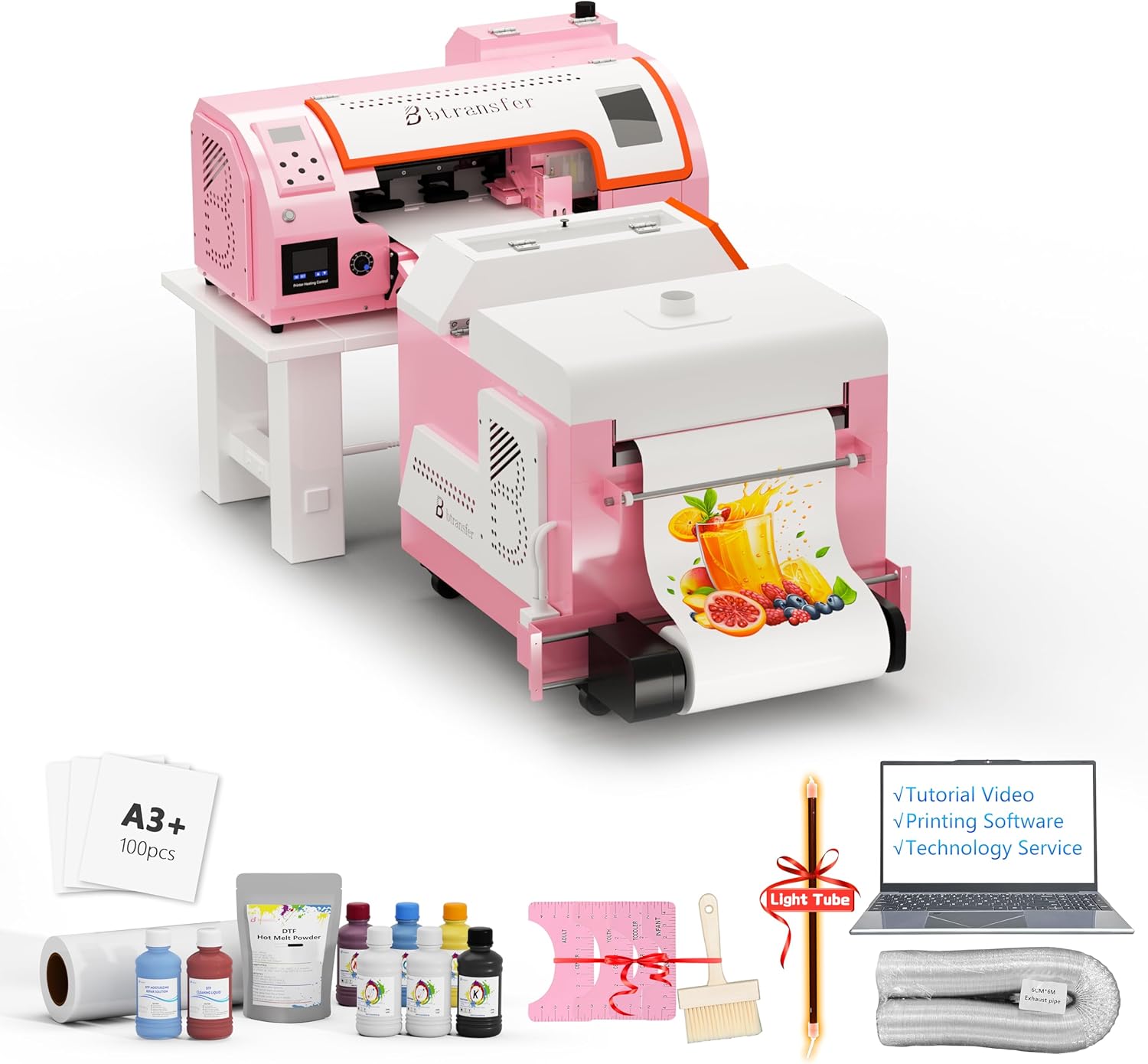 B btransfer A3 DTF Printer Bundle with Cutter Automatic Slef-Maintenance,Screen Touch Panel DTF Dryer Powder Shaker for Tshirt Heat Transfer Printing,(Printer+Laptop+Shaker+Bracket+Consumables)