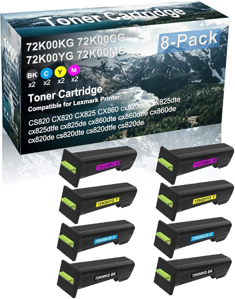 8 Pack (BK+C+Y+M) Compatible Printer Toner Replacement for Lexmark 72K00KG 72K00CG 72K00YG 72K00MG Printer Cartridge use for cx825dtfe cx825de cx860dte cx860dtfe cx860de Printer