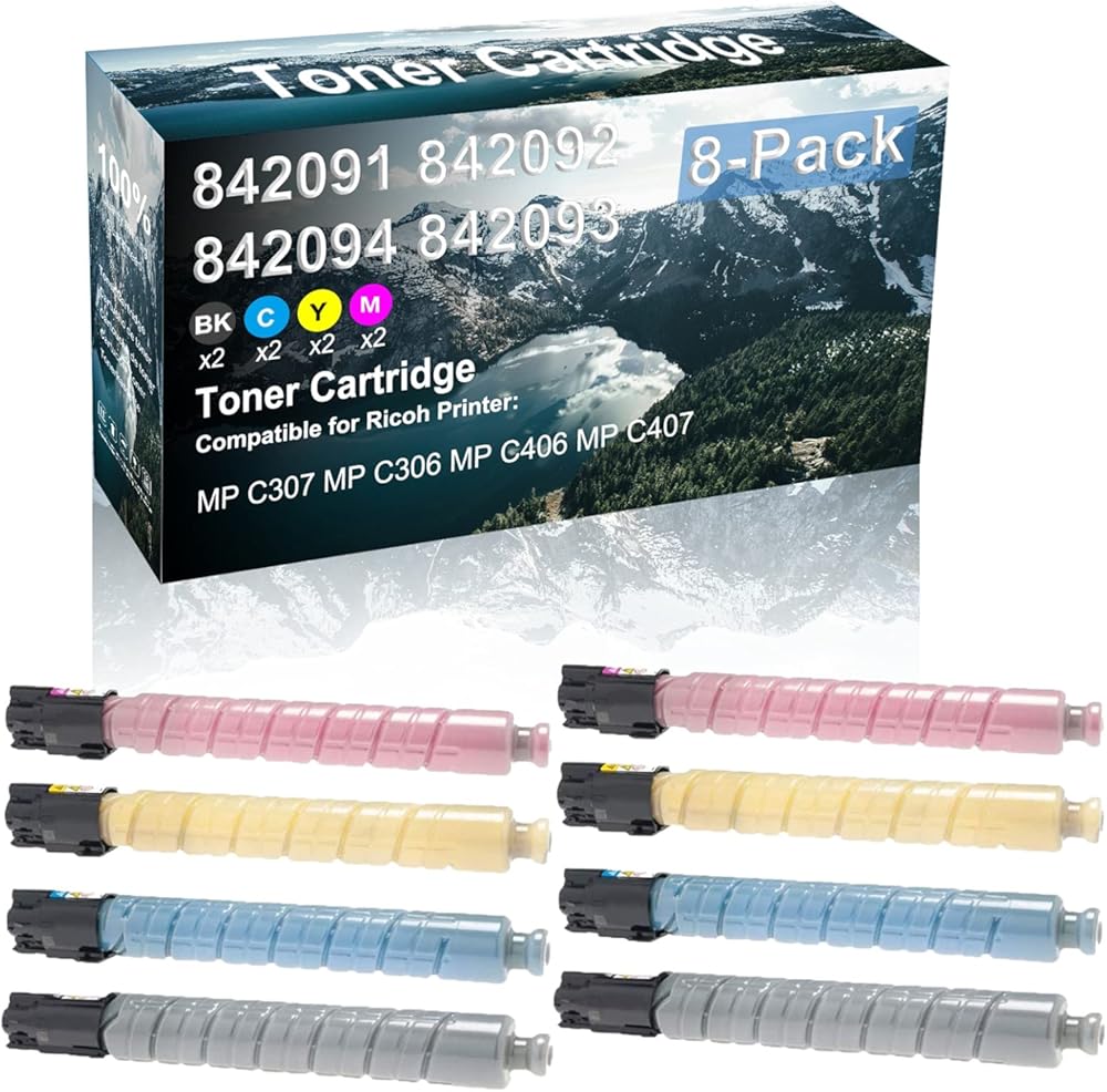 8 Pack (BK+C+Y+M) Compatible Toner Cartridge Replacement for Ricoh 842091 842092 842094 842093 Printer Cartridge use for Ricoh MP C307 MP C306 MP C406 MP C407 Printer (High Capacity)