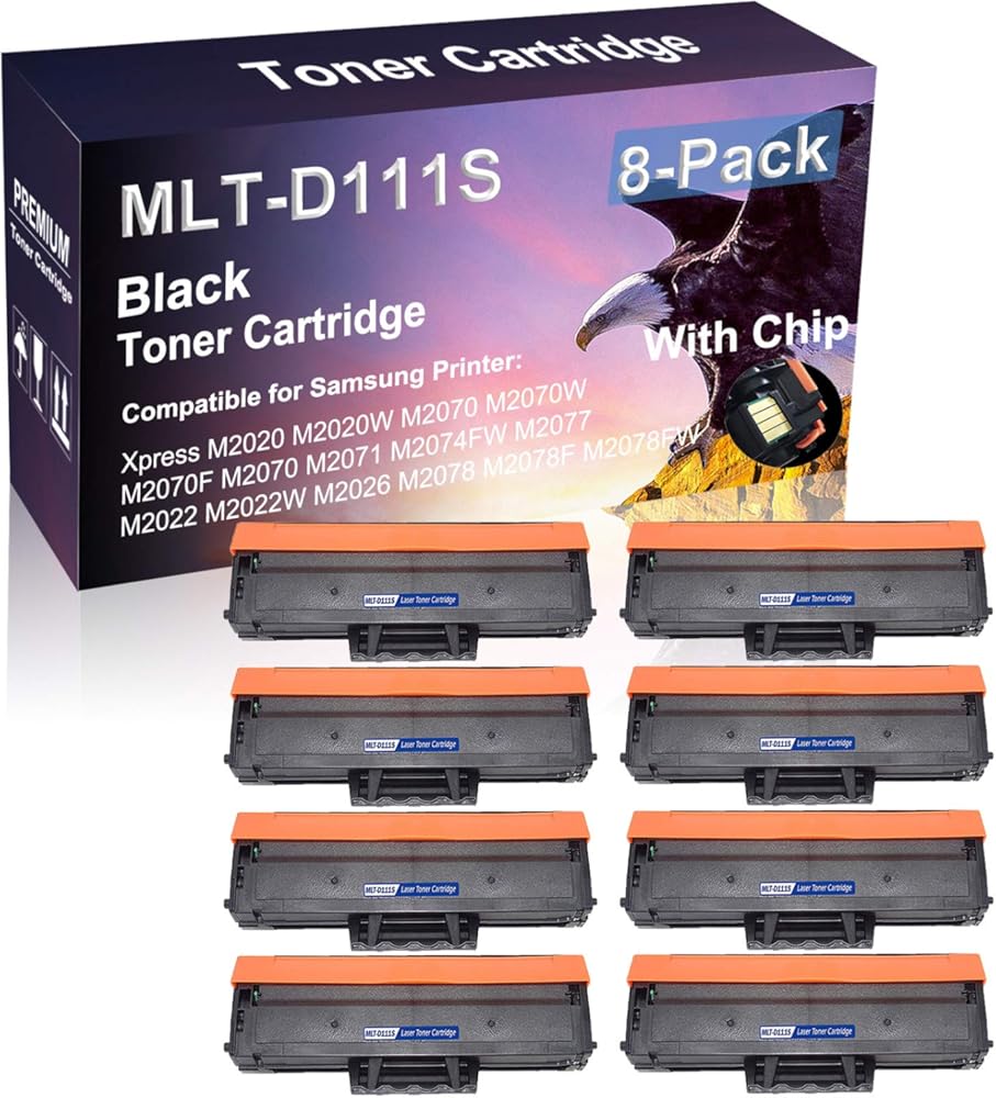 8 Pack (Black) with Chip Compatible MLT-D111S D111S Laser Toner Cartridge use for Samsung Xpress M2020 M2020W M2070 M2070W Printer (High Yield)
