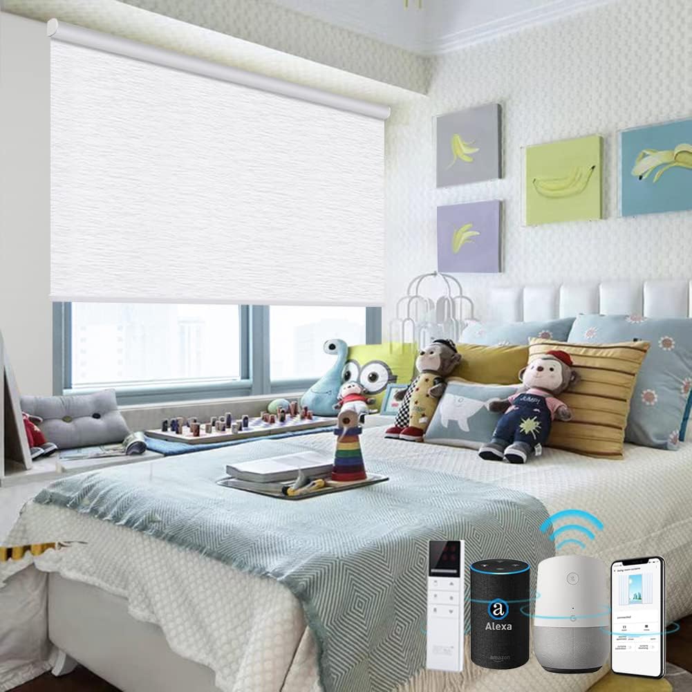 TIPIACE Rechargeable Motorized Blinds Compatible with Alexa Google Home via Hub Remote Control Full blackout Fabric Window Shades for Office Home (Ramie White)