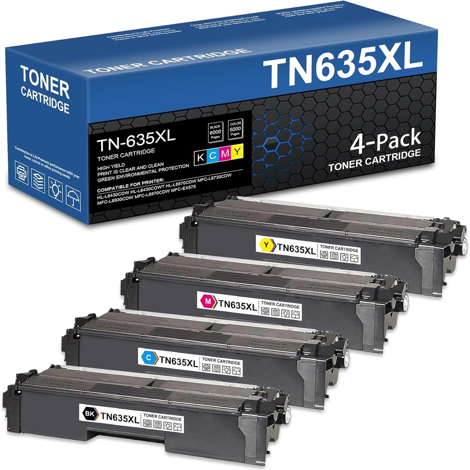 TN635XL High Yield Toner Cartridge Set Replacement for Brother TN-635XL TN 635XL TN635 Toner for MFC-L8930CDW MFC-L8730CDW MFC-L8970CDW HL-L8430CDW HL-L8430CDWT HL-L8570CDW Printer (4-Pack)