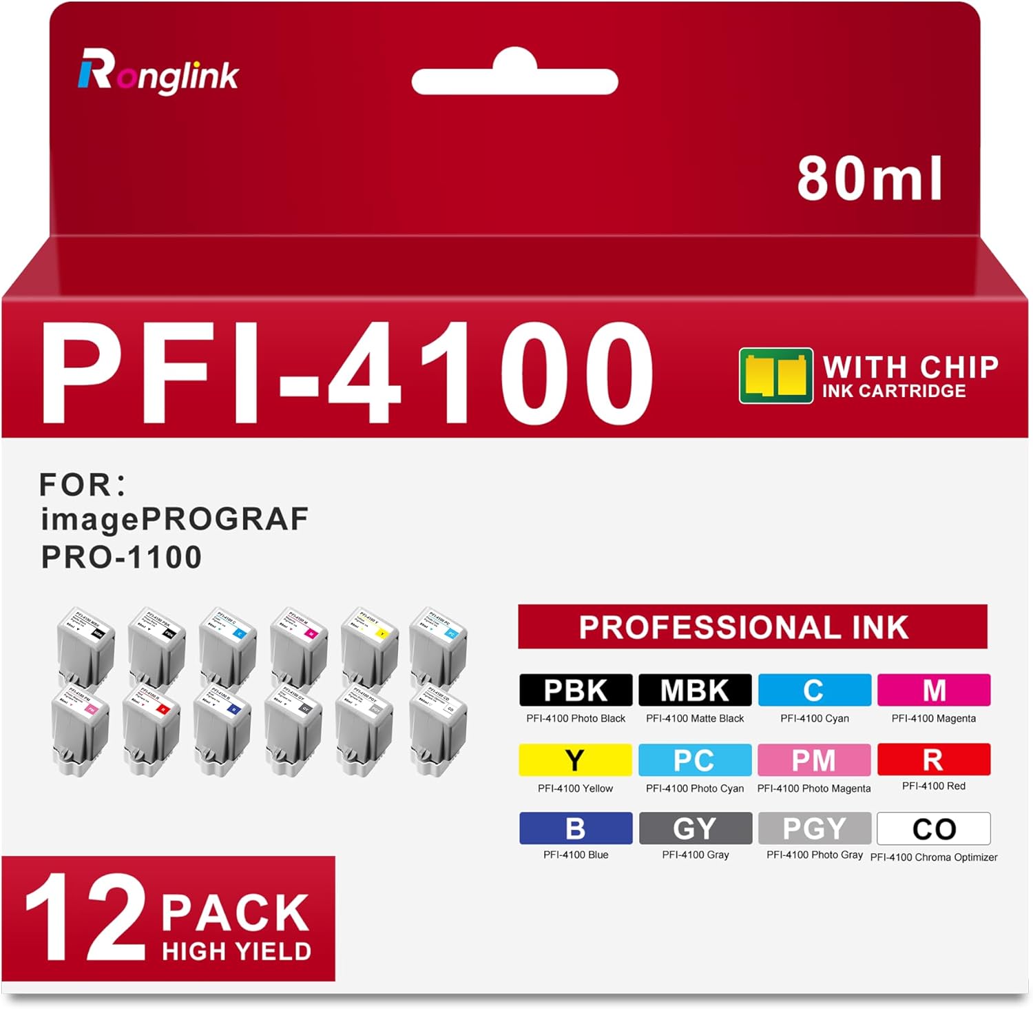 PFI-4100 Ink Cartridges (with Chip) Replacement for Canon PFI4100 PFI-4100 Ink Tank High Capacity for imagePROGRAF PRO-1100 PRO1100 Printer Ink (12 Pack, 80ML, MBK/PBK/C/Y/M/CO/PC/PM/R/BL/GY/PGY)