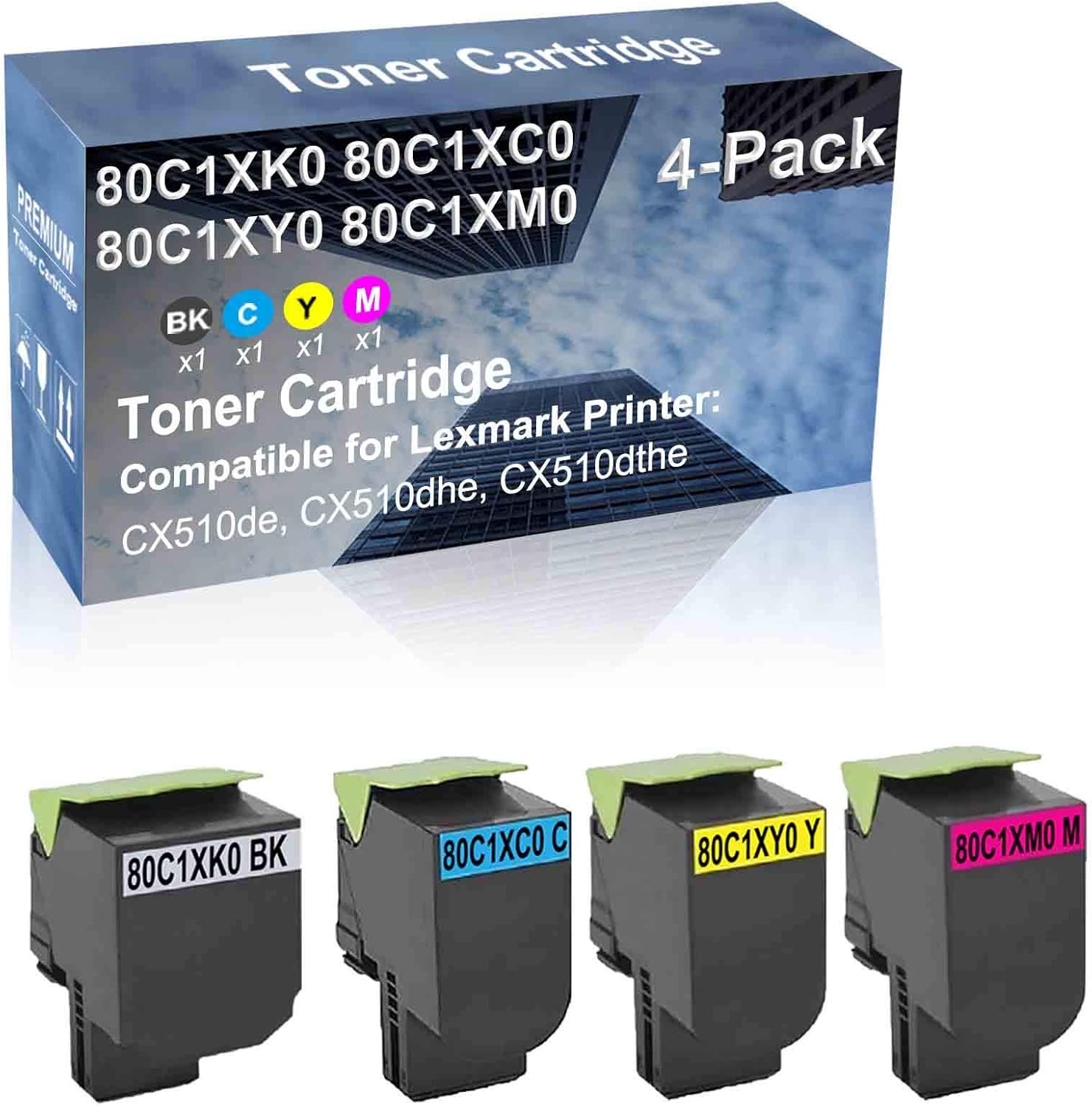 4-Pack (BK+C+Y+M) Compatible High Capacity 80C1XK0+ 80C1XC0+ 80C1XY0+ 80C1XM0 Toner Cartridge Used for CX510de, CX510dhe, CX510dthe Printer