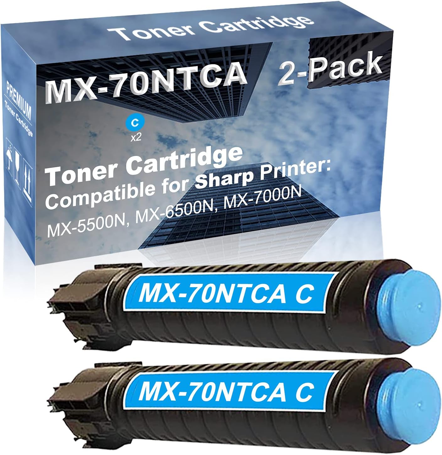 2-Pack (Cyan) Compatible MX-5500N, MX-6500N, MX-7000N Printer Toner Cartridge High Capacity Replacement for Sharp MX-70NTCA Toner Cartridge