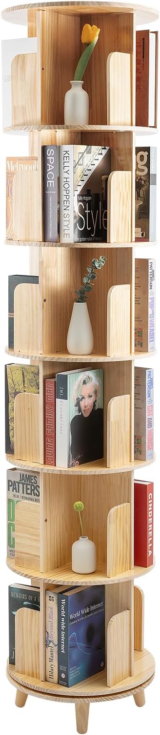 Gdrasuya10 6 Tier Wood Rotating Bookshelf 360 Degree Display Floor Standing Bookcase Storage Rack for Adults Multi-Functional Book Shelves Organizer for Study Room Living Room Home