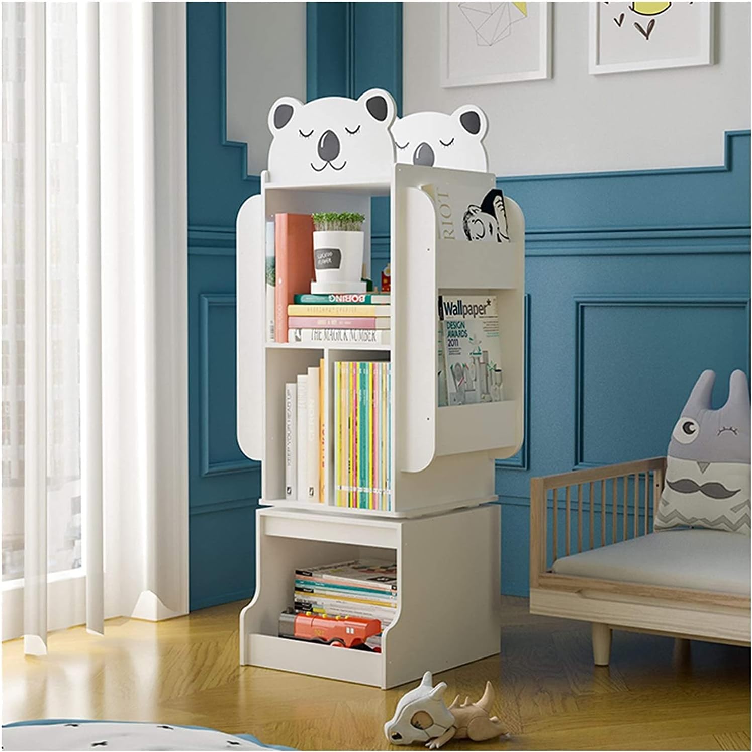 Small Bookshelf Kids Bookshelf Cute Animal Shape Wood Rotatable Book Organizer Large Capacity Display Storage Shelf Organizer Decor for Home Children's Room Kindergarten Bookcase Bookcase freestanding