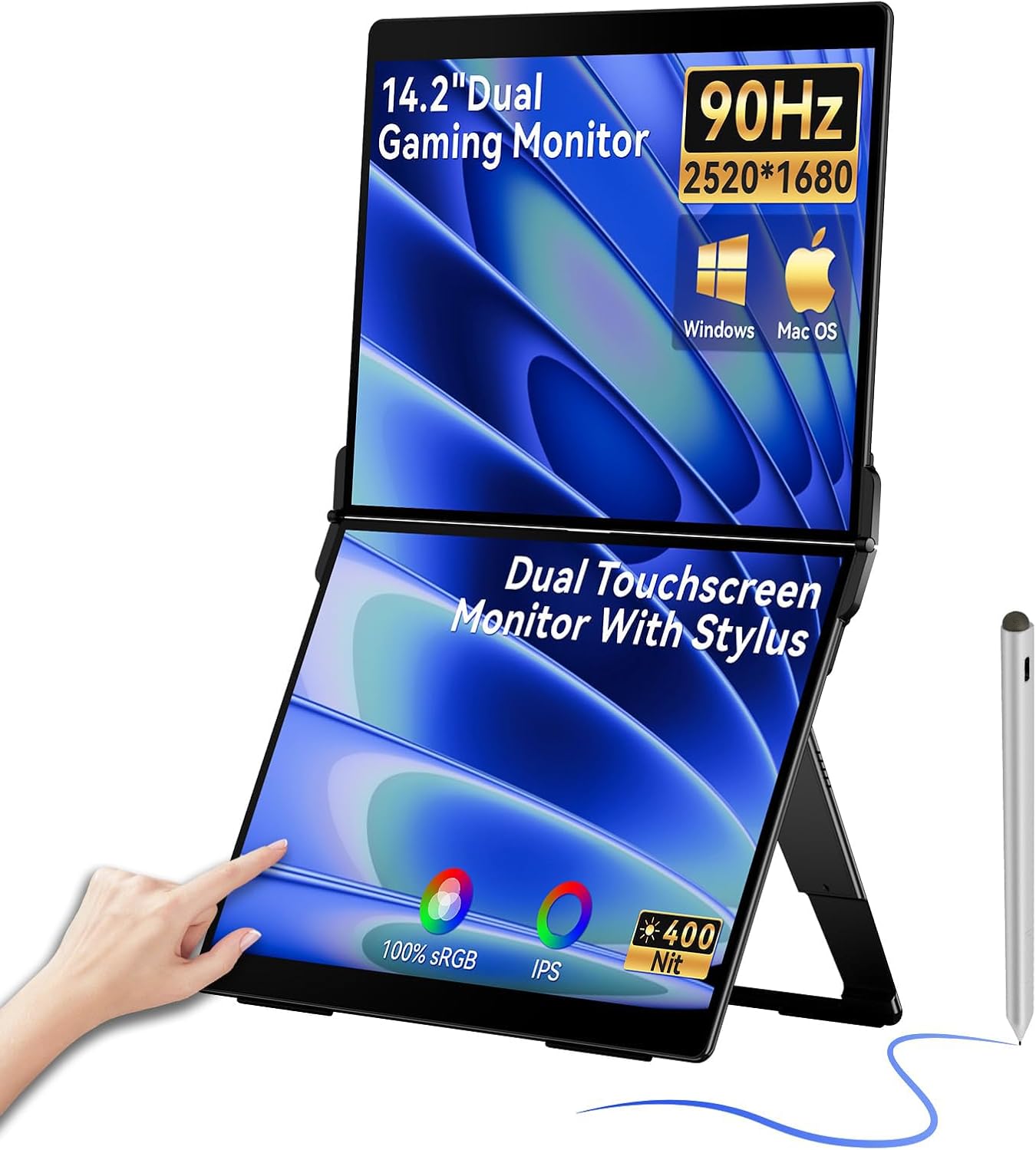 EHOMEWEI X2 Air Touchscreen Portable Dual Monitor 2.8K 90Hz QLED with Stylus Pen 14.2“*2 IPS 2520 * 1680 Display, 400 Nit Brightness 1500:1, 100% sRGB, for Office/Home/Travel Laptop Extender Screen