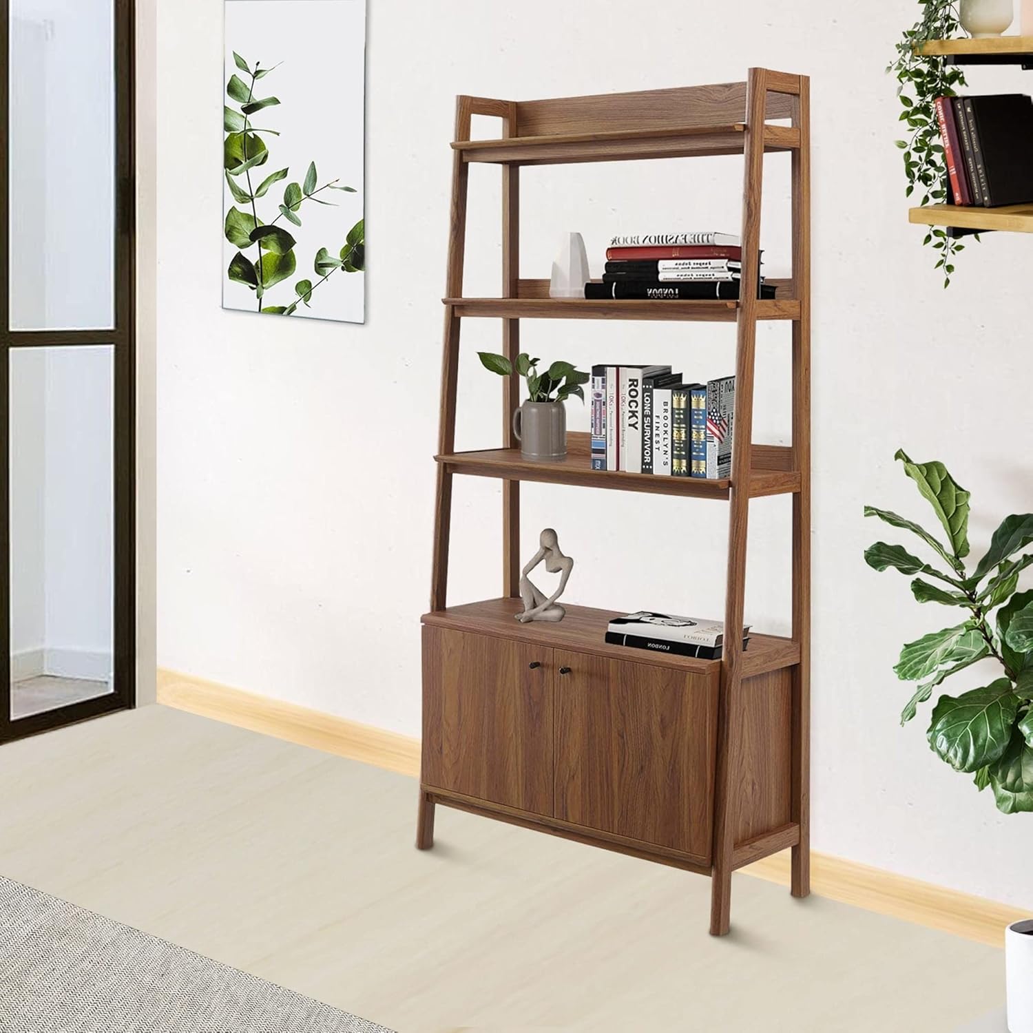 5-Shelf Ladder Walnut Wooden Bookcase with Storage Cabinet Brown Modern Contemporary Traditional Wood Finish Doors Solid