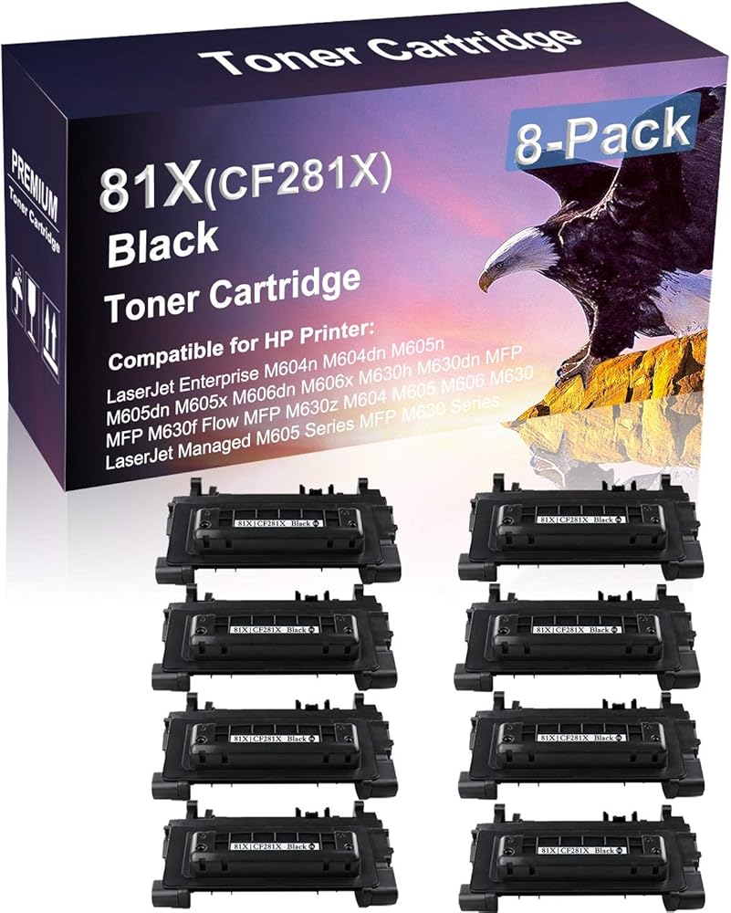 8 Pack Compatible High Yield Black 81X | CF281X Laser Printer Toner Cartridge use for HP Enterprise M604n M604dn M605n M605dn M605x Printer