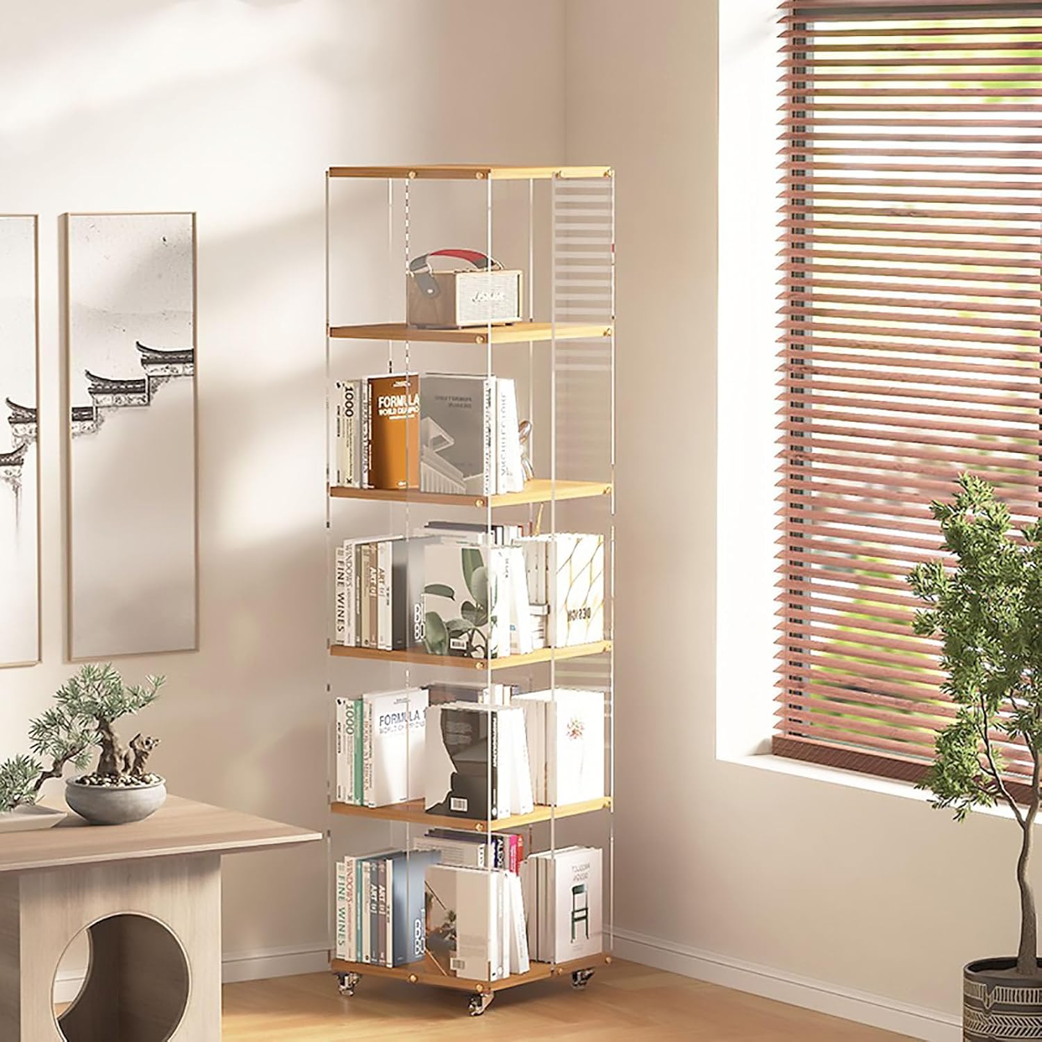 Generic 5 Tier Bookshelf，Display Cabinet, Storage Cabinet, Curio Cabinet, Floor Standing Book Shelf, Bookcase Acrylic and Wood, Storage Showcase for Living Room Study (5-Layer Transparent)