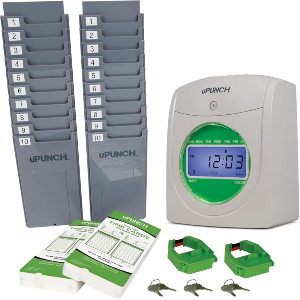 uPunch HN3500 Advanced Time Clock Bundle for Small Business: Complete Employee Time Tracking System with 100 Time Cards, 2 Racks, 2 Ribbons, and 6 Keys