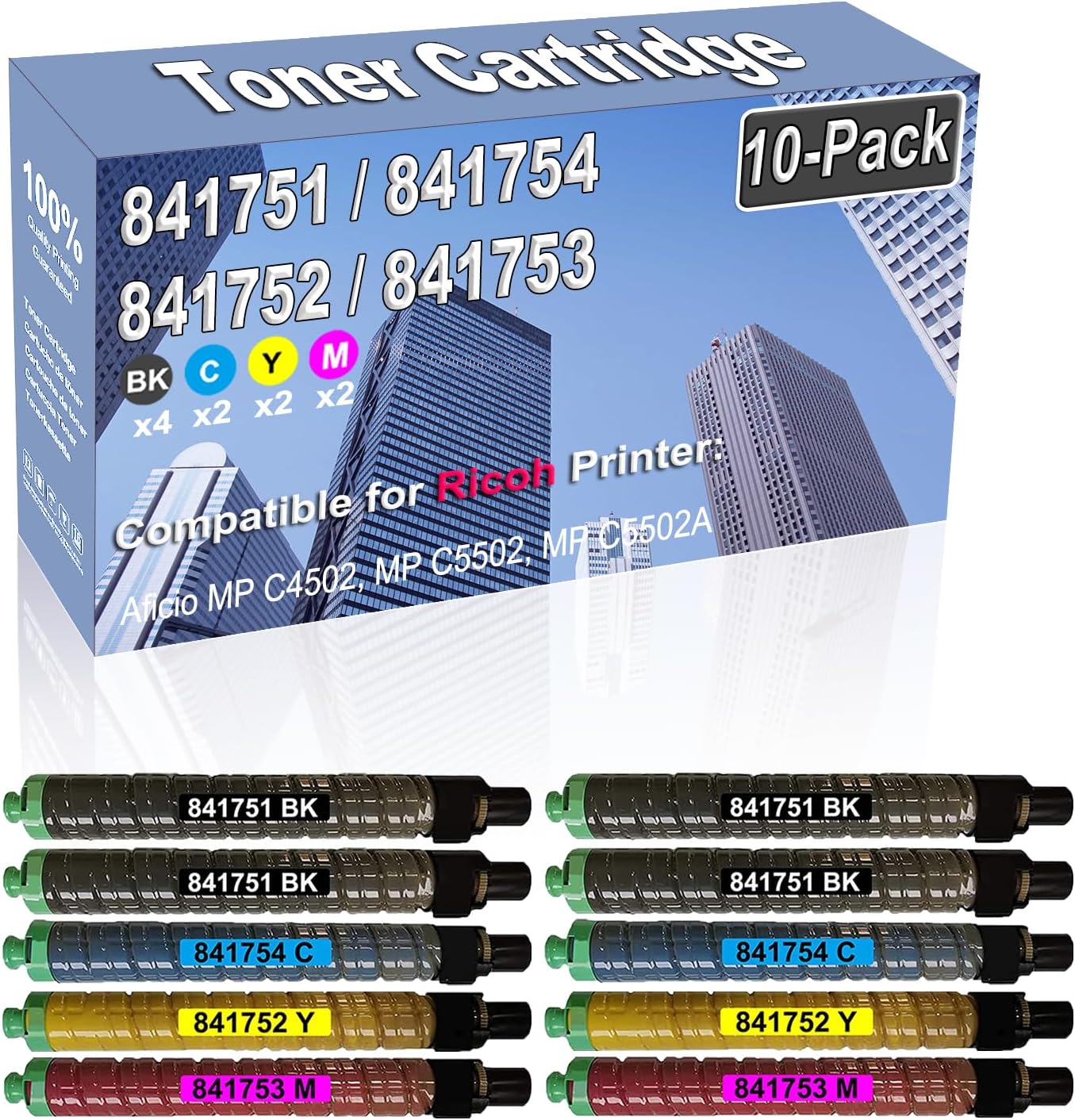 Credibility Store 10-Pack (4BK/2C/2Y/2M) Compatible High Capacity 841751 841754 841752 841753 Color Toner Cartridge use for Ricoh Aficio MP C4502 MP C5502 MP C5502A Printer