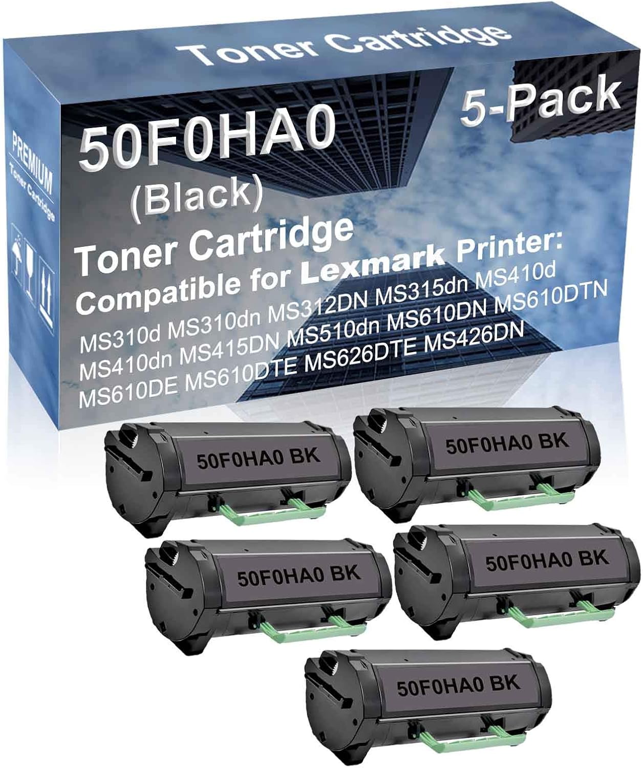 5-Pack Compatible High Capacity MS610DTN MS610DE MS610DTE MS626DTE MS426DN Printer Toner Cartridge Replacement for 50F0HA0 Printer Cartridge (Black)