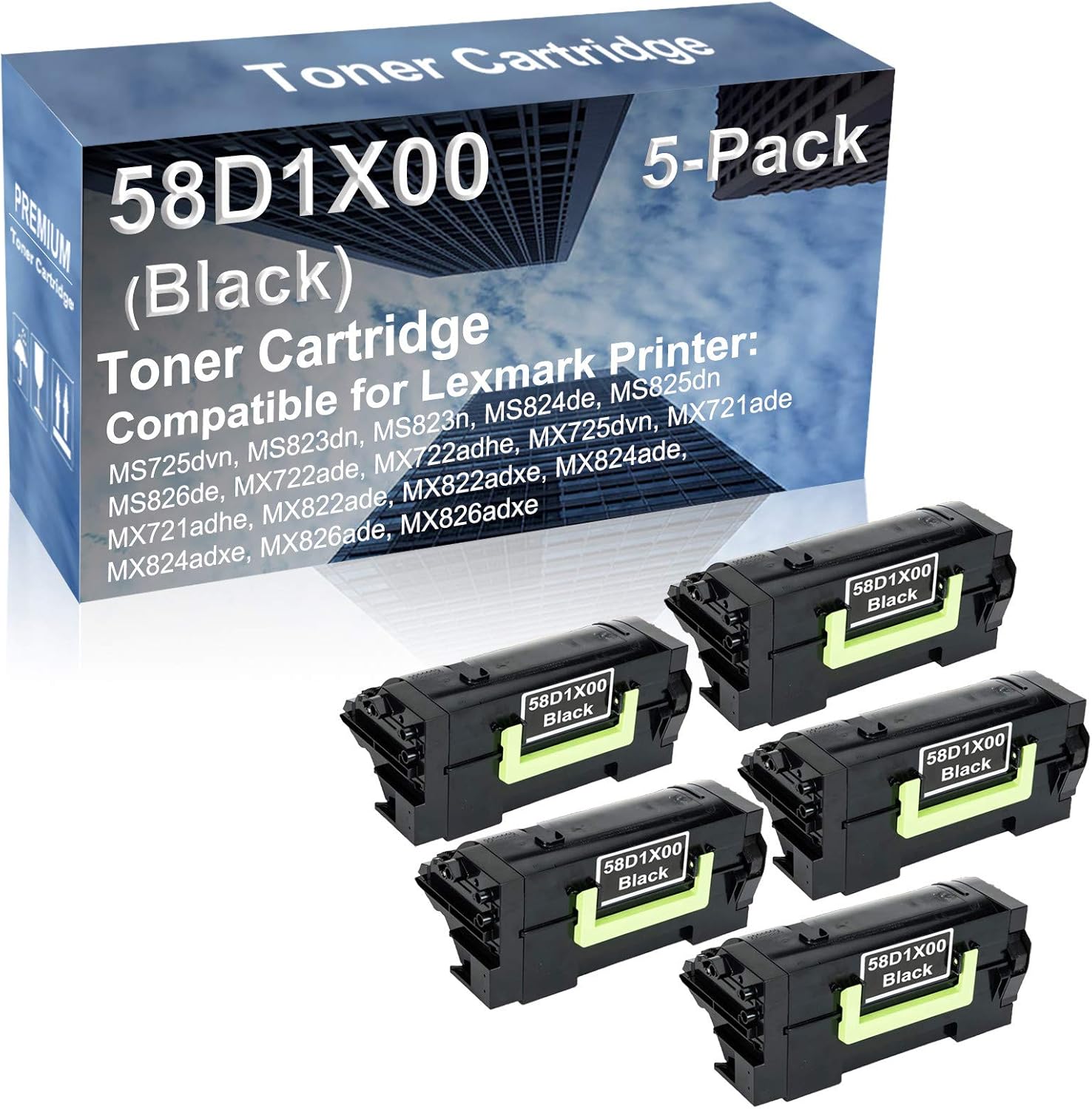 5-Pack Compatible High Capacity 58D1X00 Imaging Toner Cartridge use for MS725dvn, MS823dn, MS823n, MS824de, MS825dn, MS826de Printer (Black)