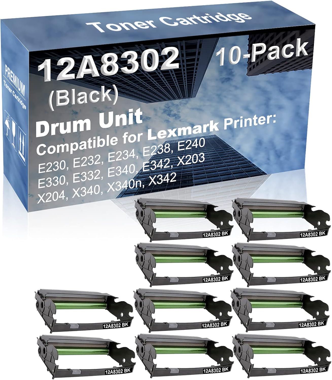 10-Pack (Black) Compatible E330, E332, E340, E342 Printer Drum Unit Replacement for Lexmark 12A8302 X340H22G Drum Kit