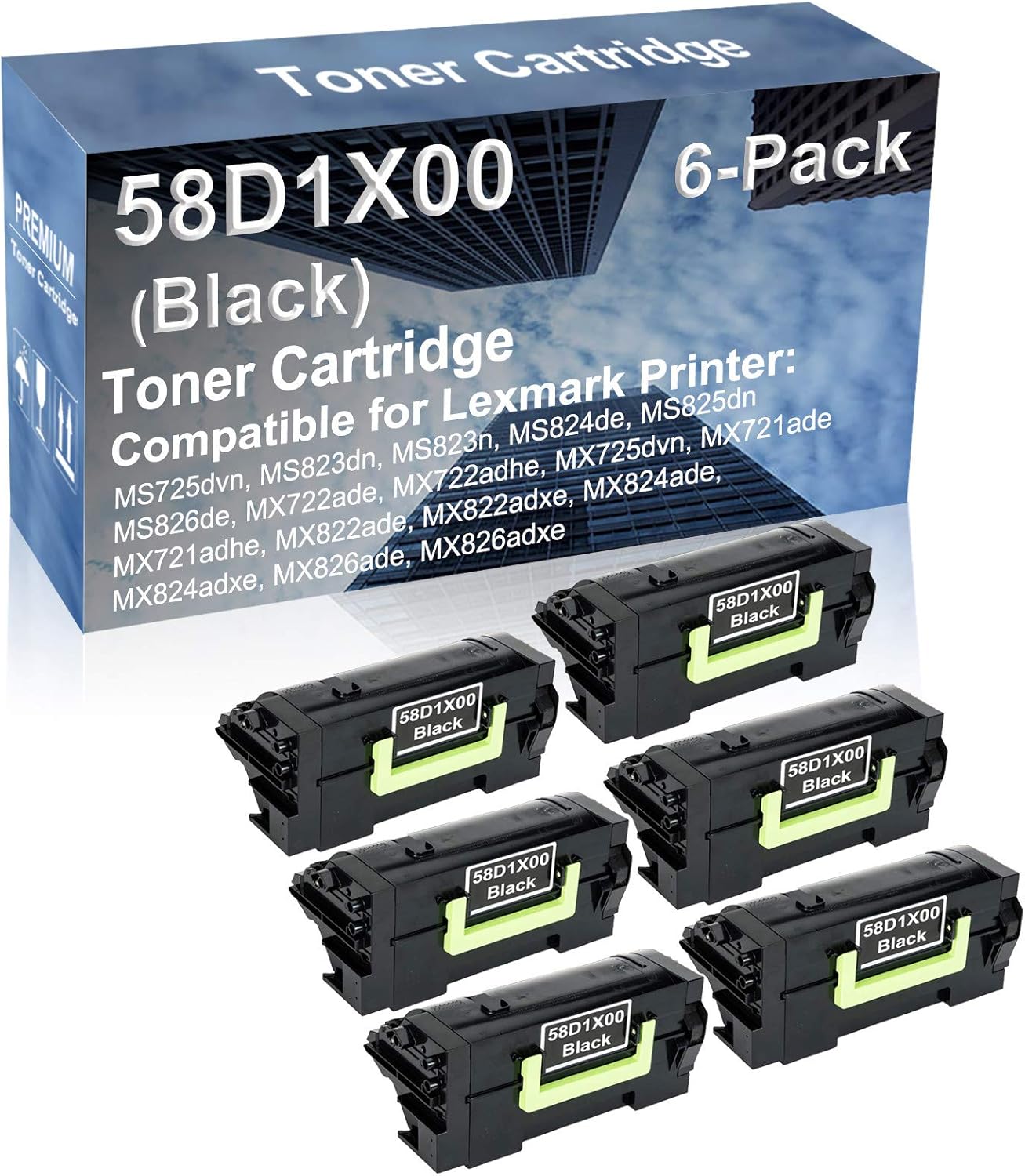 6-Pack Compatible High Capacity 58D1X00 Printer Cartridge use for MX722ade, MX722adhe, MX725dvn, MX721ade, MX721adhe, MX822ade Printer (Black)