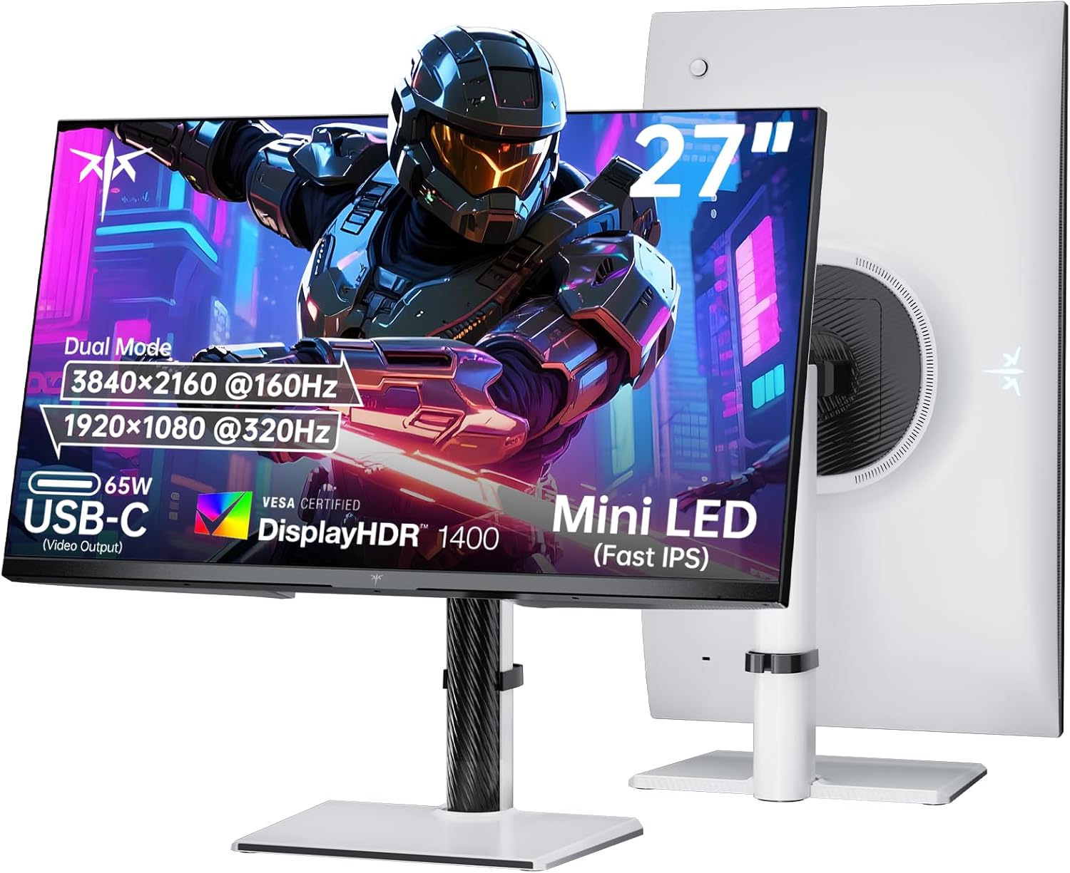 KTC 27 Inch Dual Mode Mini LED Monitor - 4K UHD at 160Hz & 1080P FHD 320Hz Gaming Monitor, 65W Type-C Port, HDR1400 Fast IPS Panel, Adaptive-Sync, HDMI 2.1 & DP 1.4, Height Adjustment, VESA Wall Mount