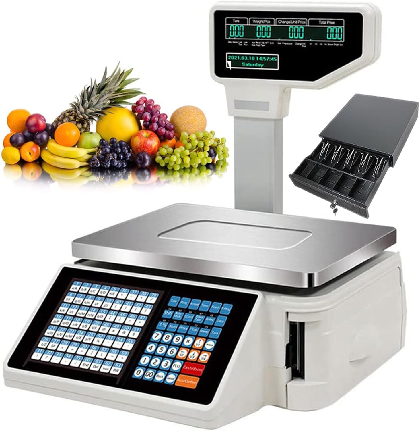 HYUIO Digital Price Label Printing Scale,Electronic Weight Calculator Barcode Scales,Electronics Barcode Thermal Printer,for Retail Store(Machine+Cashbox)