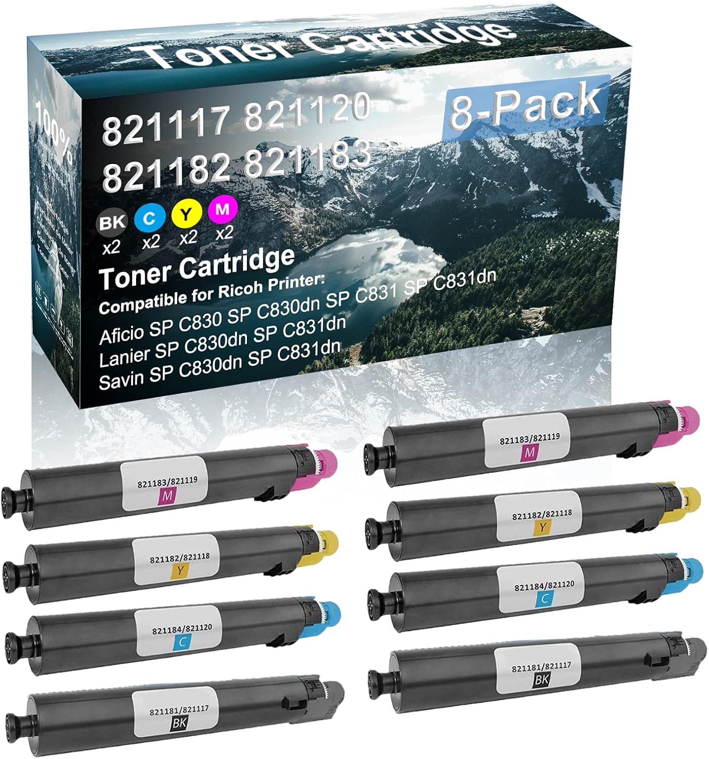 8 Pack (BK+C+Y+M) Compatible (High Yield) Savin SP C830dn SP C831dn Printer Toner Cartridge Replacement for Ricoh 821117 821181 | 821120 821184 | 821118 821182 | 821119 821183 Toner Cartridge