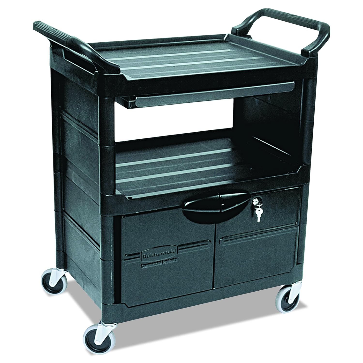 Rubbermaid Commercial Products Service/Utility Cart Lockable Doors Sliding Drawer 200 lb. Capacity Black for Warehouse/Garage/Cleaning/Maintenance