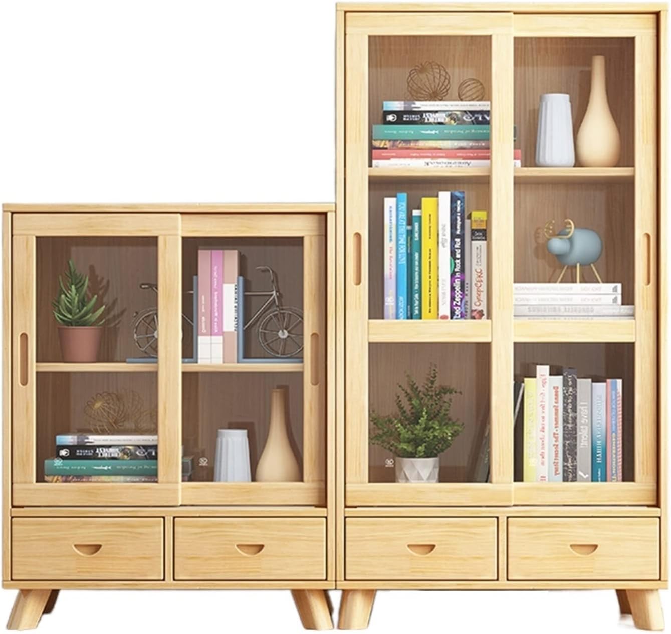 KIRANDY Solid Wood Bookcase with Glass Door, Simple and Modern Living Room Shelf, Floor-to-Ceiling Student Bookshelf Storage Cabinet (Color : L2+L3 160cm with Drawer)
