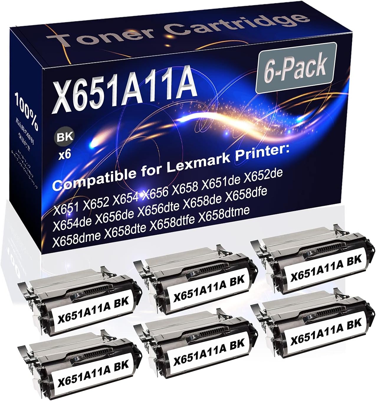 Kolasels 6-Pack (Black) Compatible X651 X652 X654 X656 X658 X651de Laser Printer Cartridge (High Capacity) Replacement for X651A11A Printer Cartridge