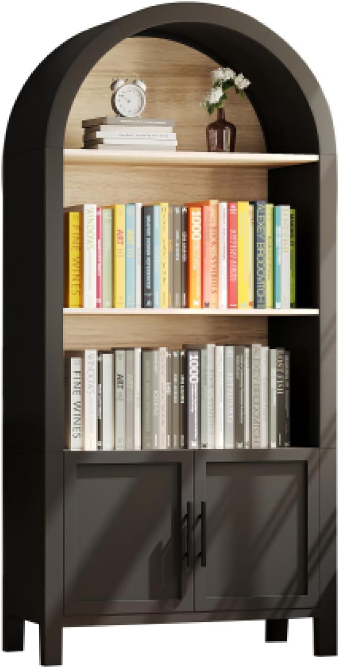 LEJUNMEISS Arched Bookcase Storage Mid-Century Modern 3-Tier Cabinet with Door Bookshelf Open Display Shelf for Office Dining Room Living Room