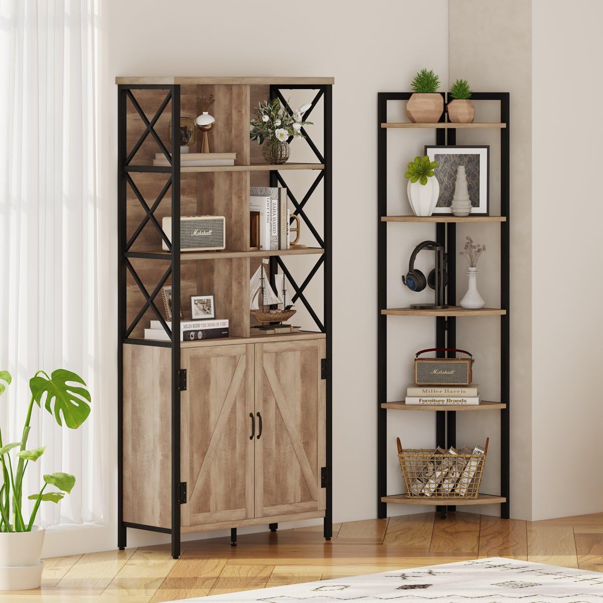 FATORRI Bookcase with Doors and Tall Corner Shelf (Rustic Oak)