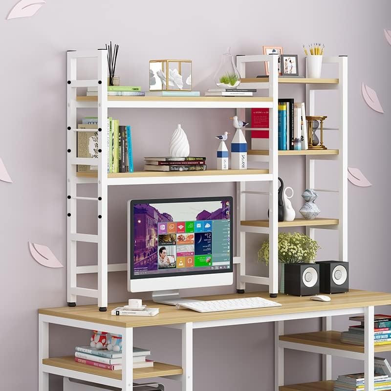 2 Tier Desktop Bookshelf - Metal Tabletop Bookcase, Computer Desk Desktop Storage Rack With Side Cabinets, Office Supplies Display Rack, Dormitory Small Bookcase ( Color : White+Log , Size : 85*25*100