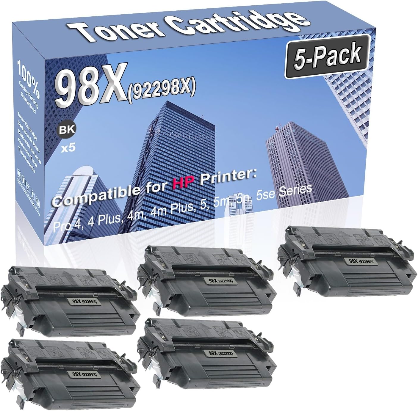 5-Pack Compatible High Capacity 98X (92298X) Printer Cartridge use for HP Pro 4 4 Plus 4m 4m Plus 5 5m 5n 5se Toner Cartridge (Black)