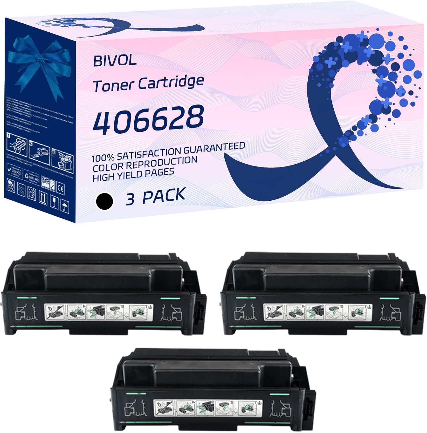 BIVOL 406628 Toner Cartridge Compatible for Lanier LP235N Printer, with Chip, High Yield 30000 Page, Vivid Color (3 Pack Black)