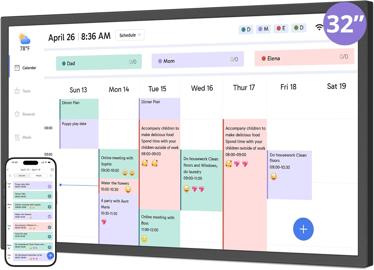 Digital Wall Calendar 32 Inch Touch Screen, Electronic Smart Calendar Chore Chart for Family Schedule/Monthly/Weekly Planner and Kids Rewards, Large 1080P Interactive Touchscreen Display