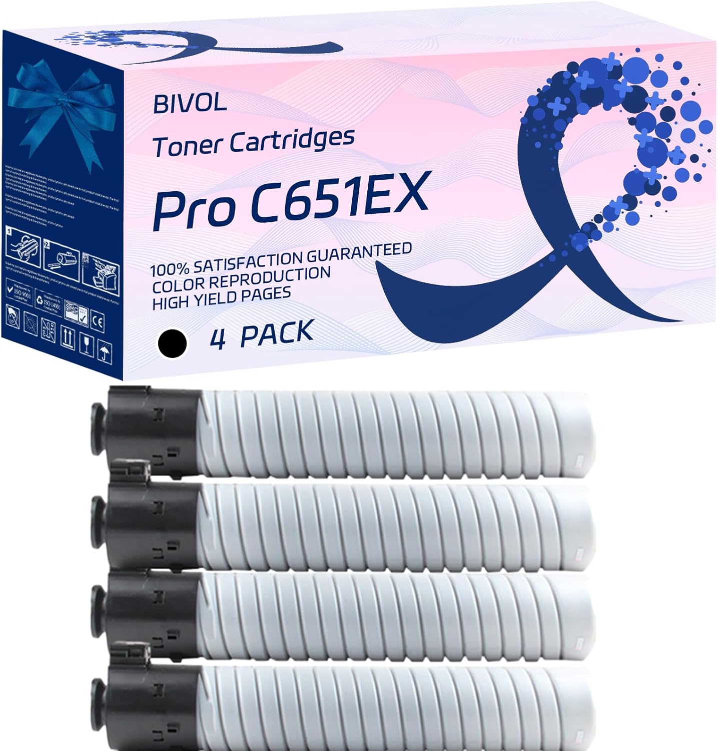 BIVOL Pro C651EX Toner Cartridges Compatible for Lanier Pro C651EX Pro C751 Pro C751EX Printers, with Chip, High Yield 58500 Pages, Vivid Colors (4 Pack Black)