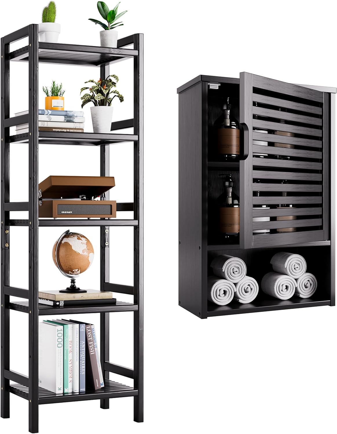 HITNET 5-Tier Bamboo Bookcase Ajustable Open Book Shelf and Bathroom Storage Cabinet Wall Mounted Over The Toilet Single Door, Black