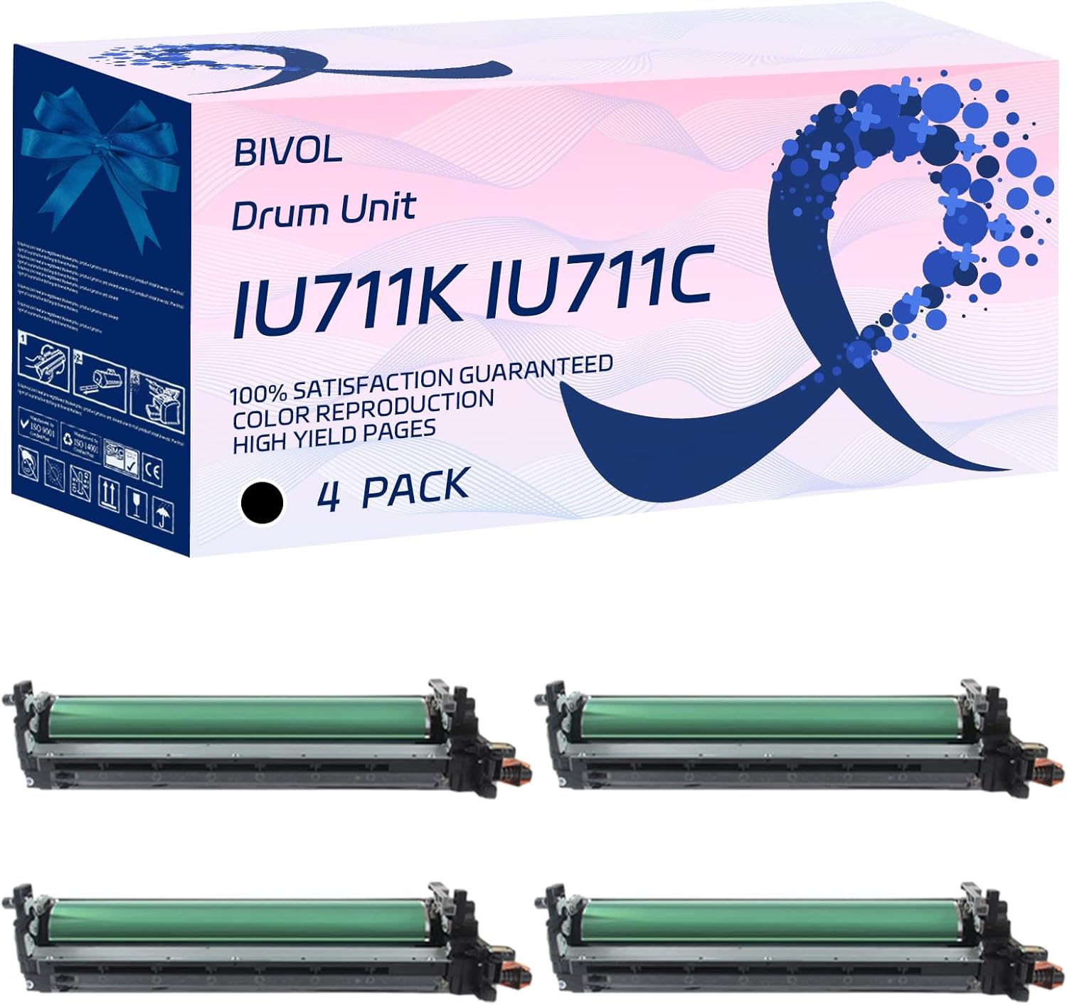BIVOL Compatible for Konica Minolta IU711 Drum Unit bizhub C654 C654e C754 C754e 654 754 Printers, with Chip, High Yield 300000 Pages, Vivid Colors (4 Pack Black)
