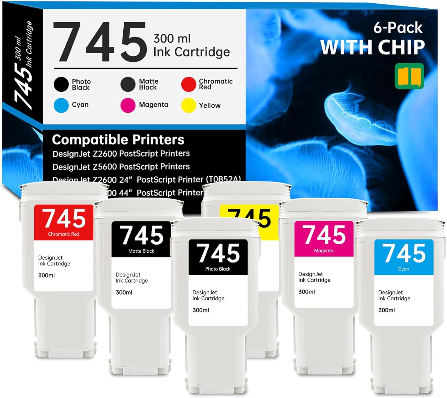 745 Ink Cartridge 300ml with New Chip Replacement for HP 745 Ink Cartridge 745XL F9K06A F9K05A F9K04A F9K03A F9K02A F9K01A for DesignJet Z2600 Z5600 Postscript Printer, 6-Pack DesignJet 745 Ink Refill