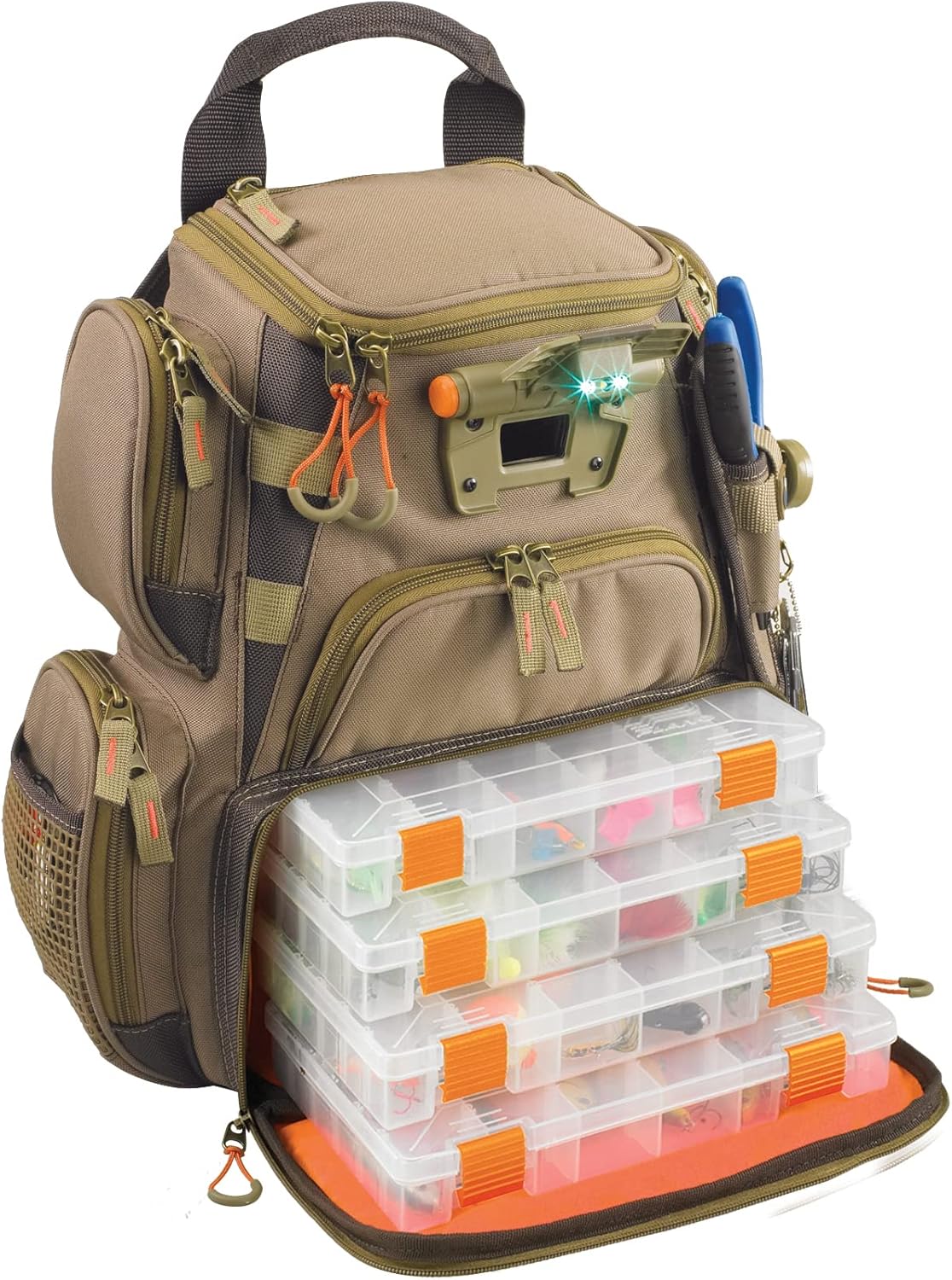 Wild River by CLC WT3503 Tackle Tek Recon Lighted Compact Tackle Backpack & Four PT3500 Trays, Clear, Water-Resistant Phone Storage,Beige , 12.75 x 6.75 x 15 